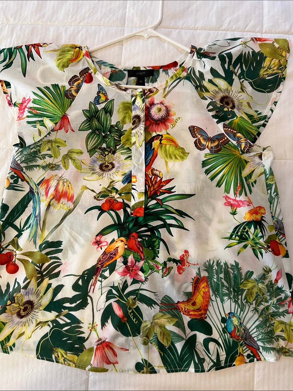J. Crew White Tropical Botanical Flutter-Sleeve Blouse